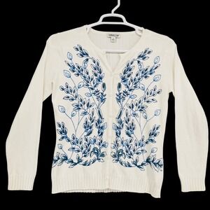 Coldwater Creek Women S White Blue Botanical Leaf Embroidered Button Cardigan